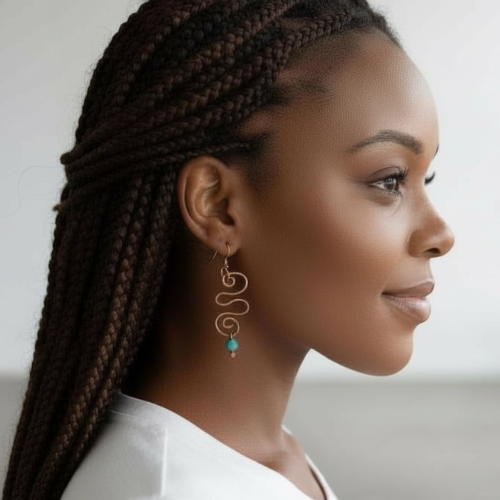 Copper Earrings Swirl W/ Turquoise Glass Bead