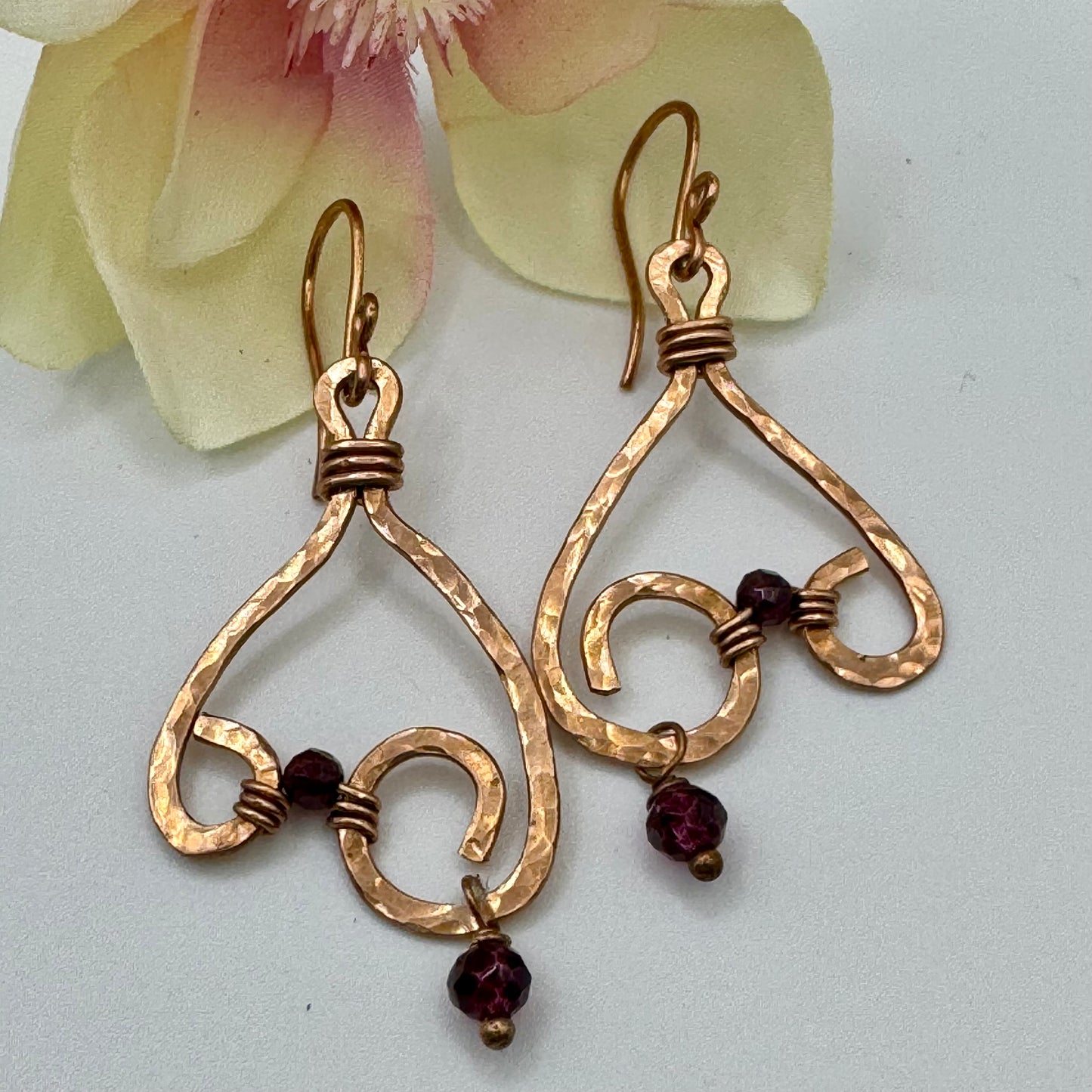 Copper Earrings - Inverted Heart w/ Garnet