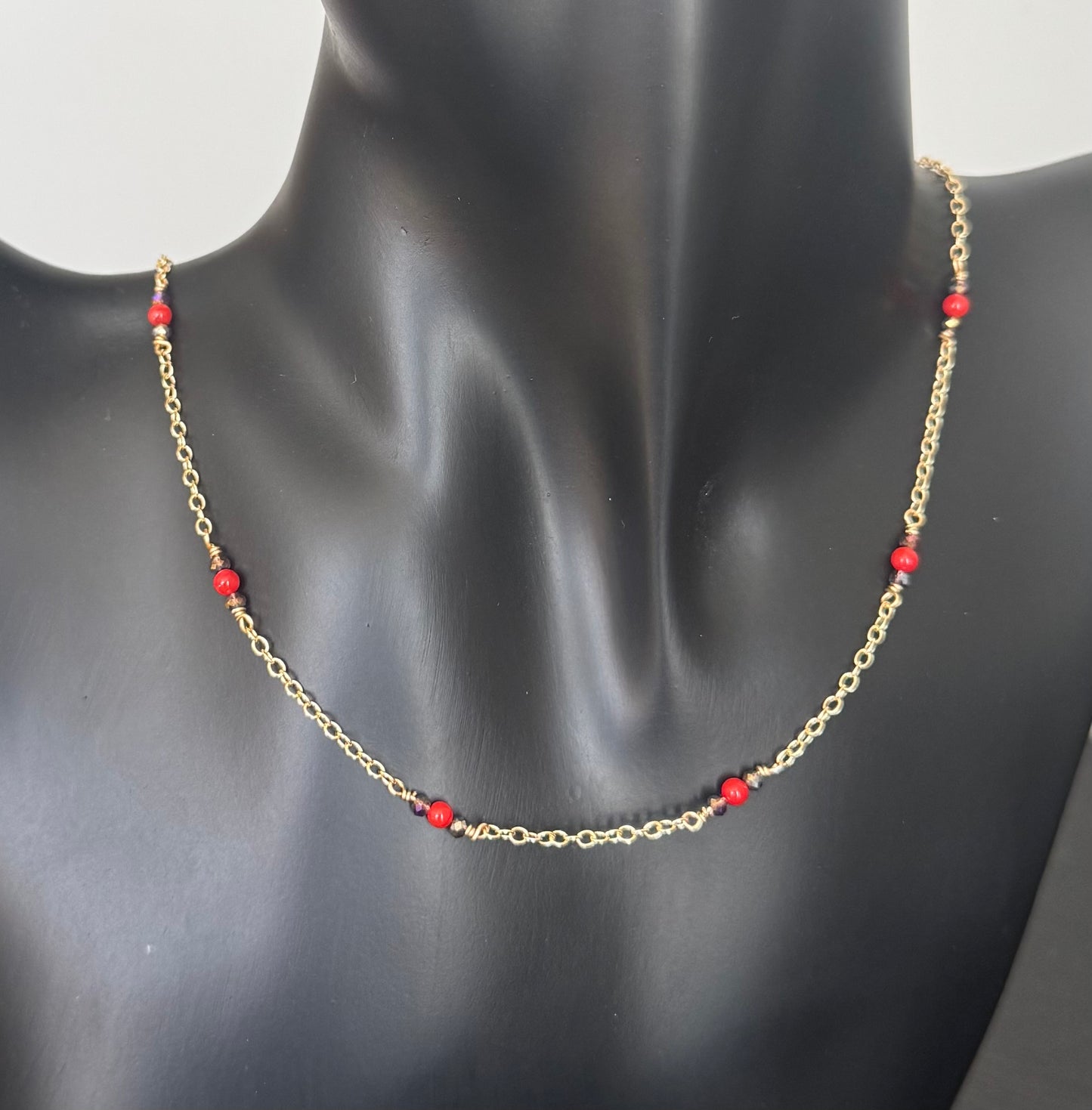14k Gold Filled Chain beaded with Red Coral Bambu and Crystal