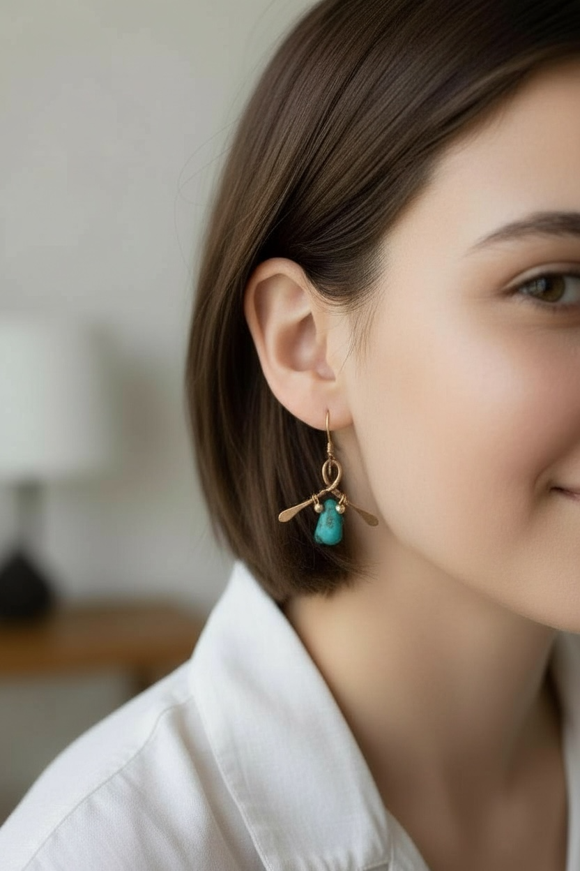 Copper Kimono Earrings w/ Turquoise Teardrop Beads