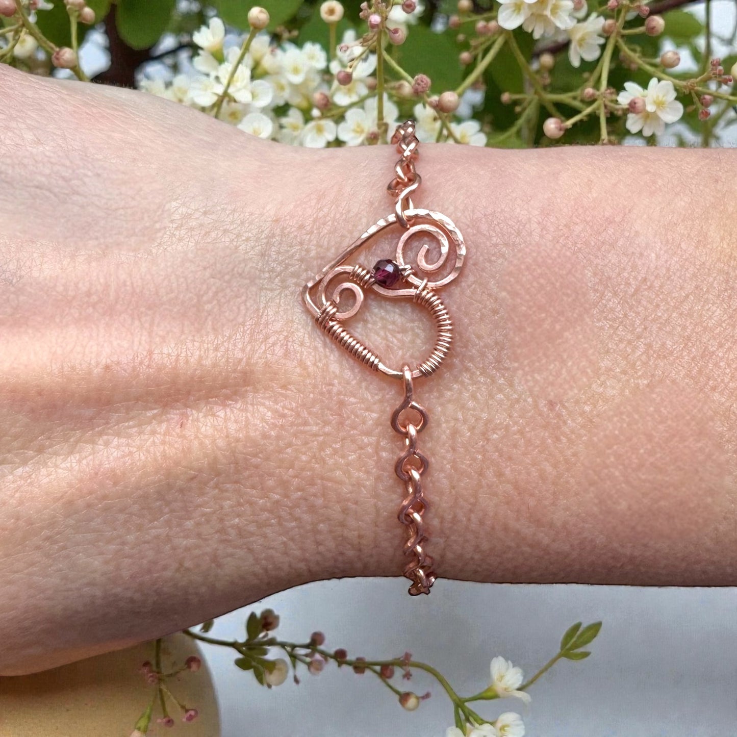Copper Chain Link Bracelet - Heart w/ Garnet