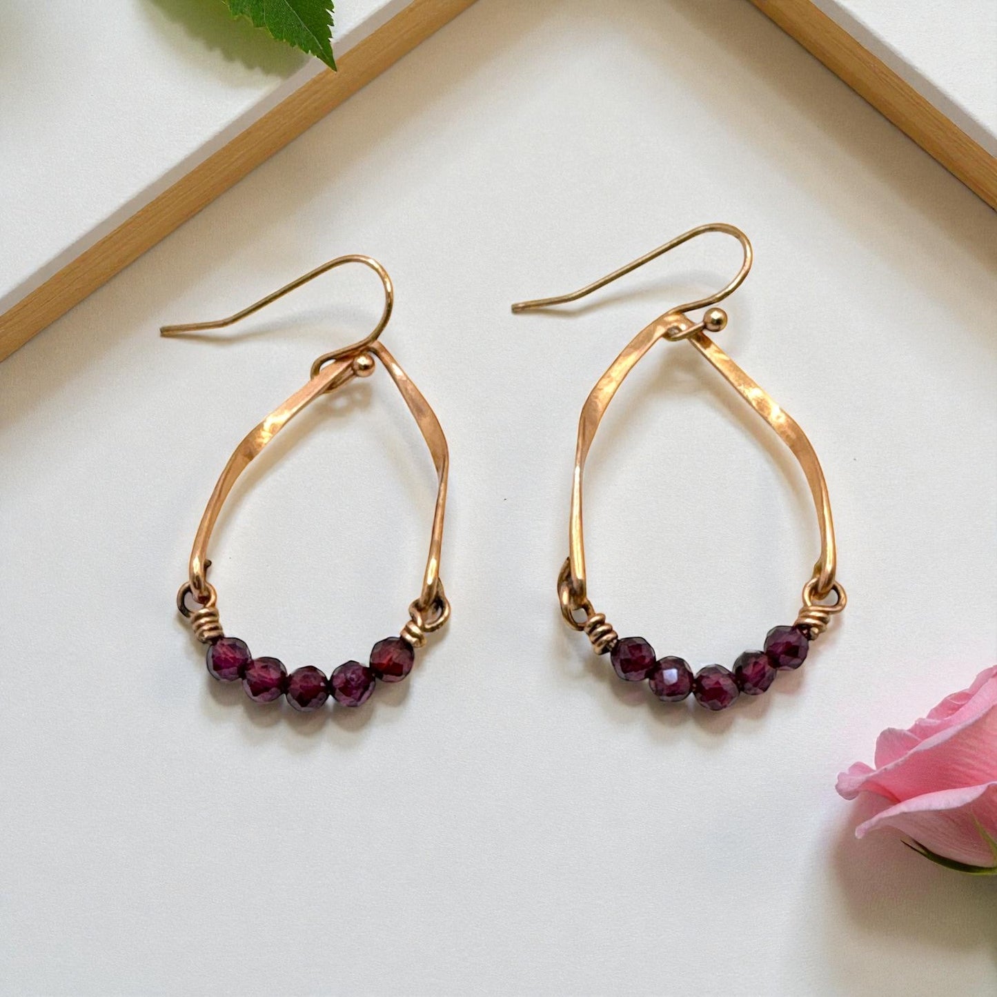 Copper Twisted Earrings W/Garnet Gemstone