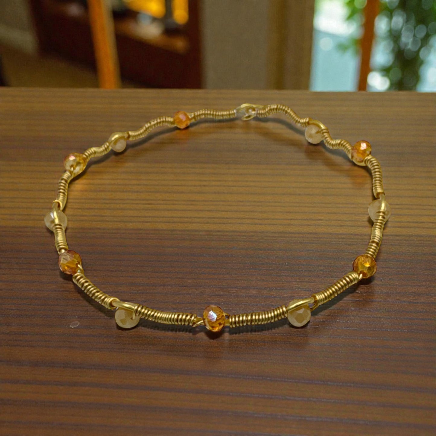 Gold Bracelet - Bangle w/ Butterscotch and Lace Colored Crystals