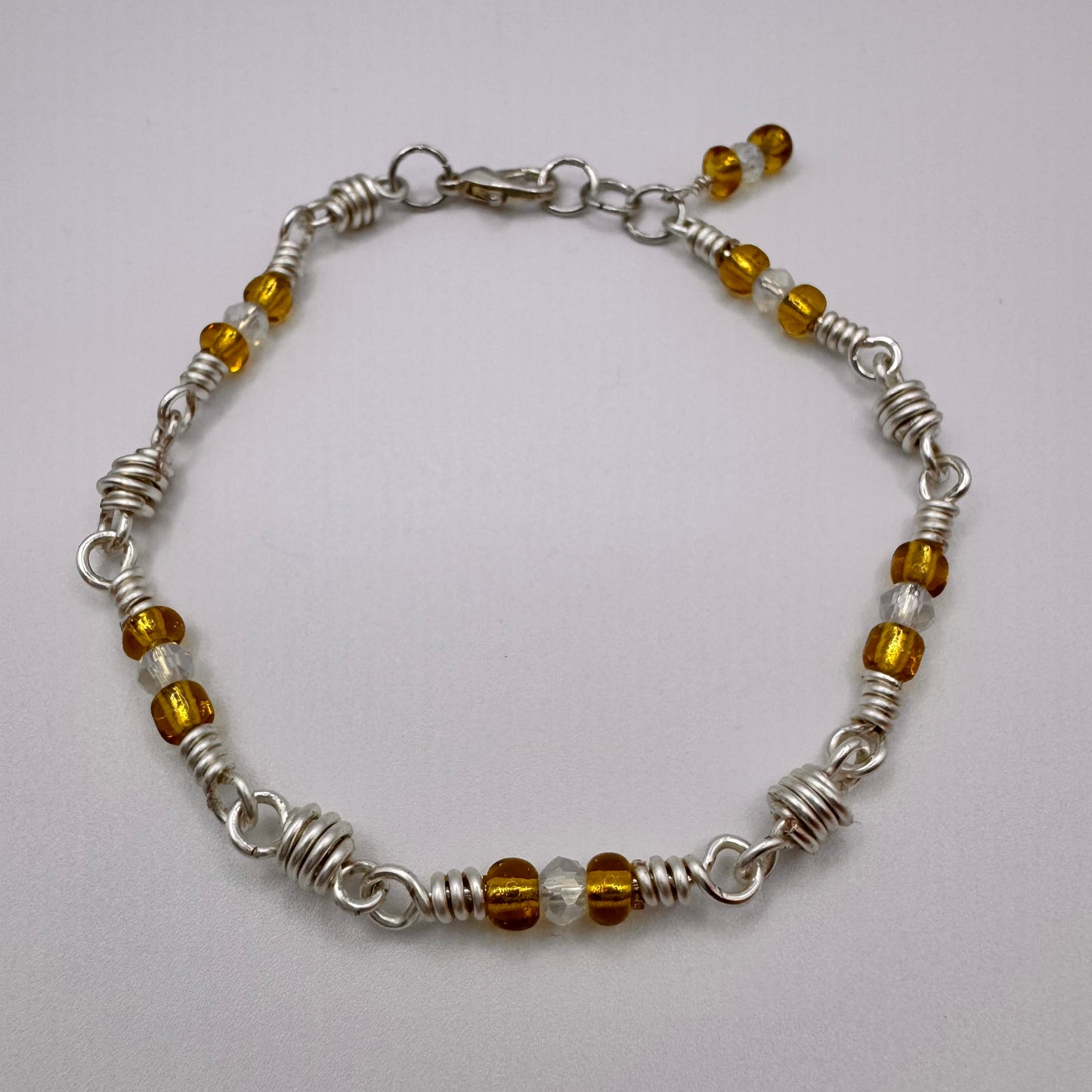 Silver Bracelet - Barrel Link w/ Glass Beads and Crystals