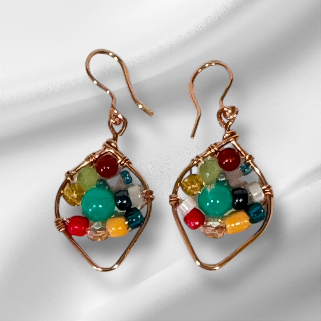 Copper/ Leaf Earrings Multicolor Beads