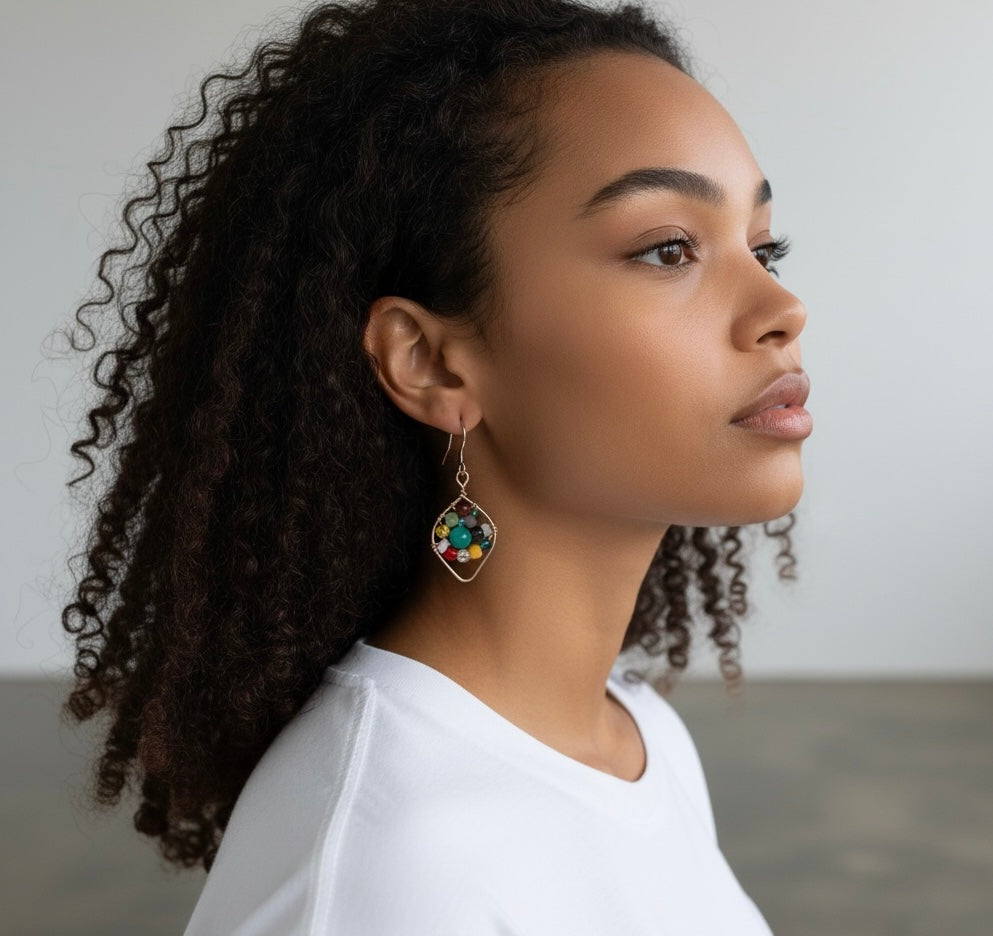 Copper/ Leaf Earrings Multicolor Beads