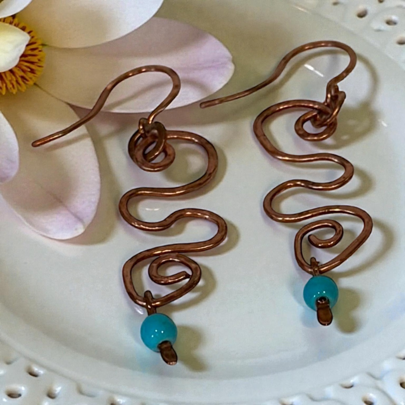 Copper Earrings Swirl W/ Turquoise Glass Bead