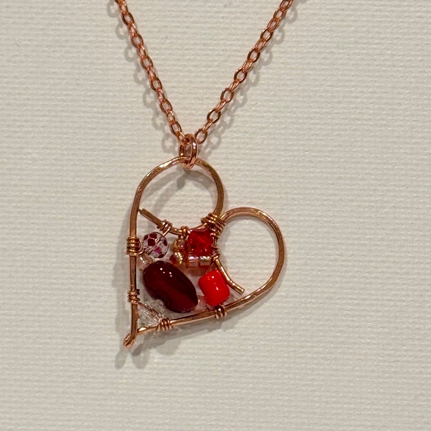 Copper Heart Pendant Necklace w/ Diverse Glass Beads