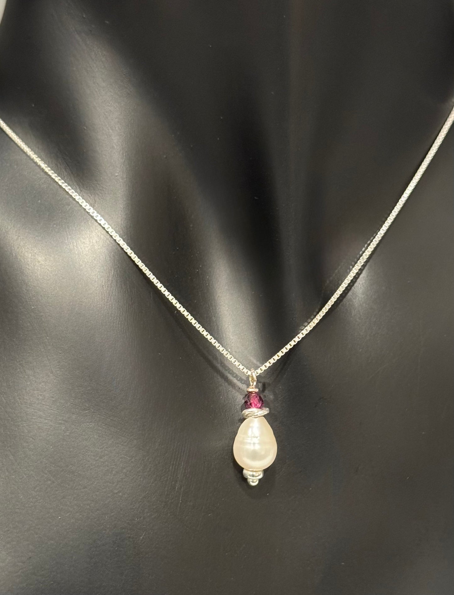 Sterling Silver Chain  W/Teardrop Freshwater Pearl and Garnet Stone