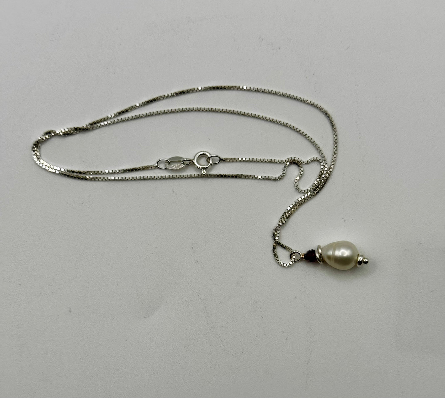 Sterling Silver Chain  W/Teardrop Freshwater Pearl and Garnet Stone