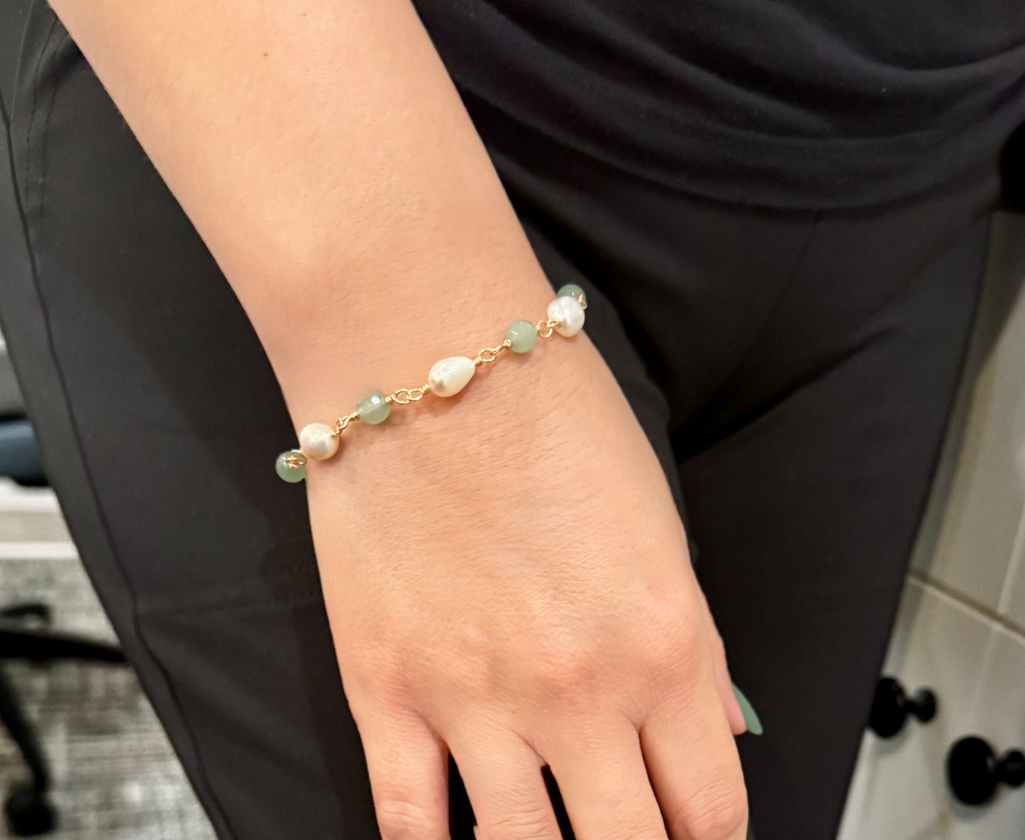 14K Gold Plated Bracelet w/ Water Fresh Pearls and Green Aventurine Gemstone