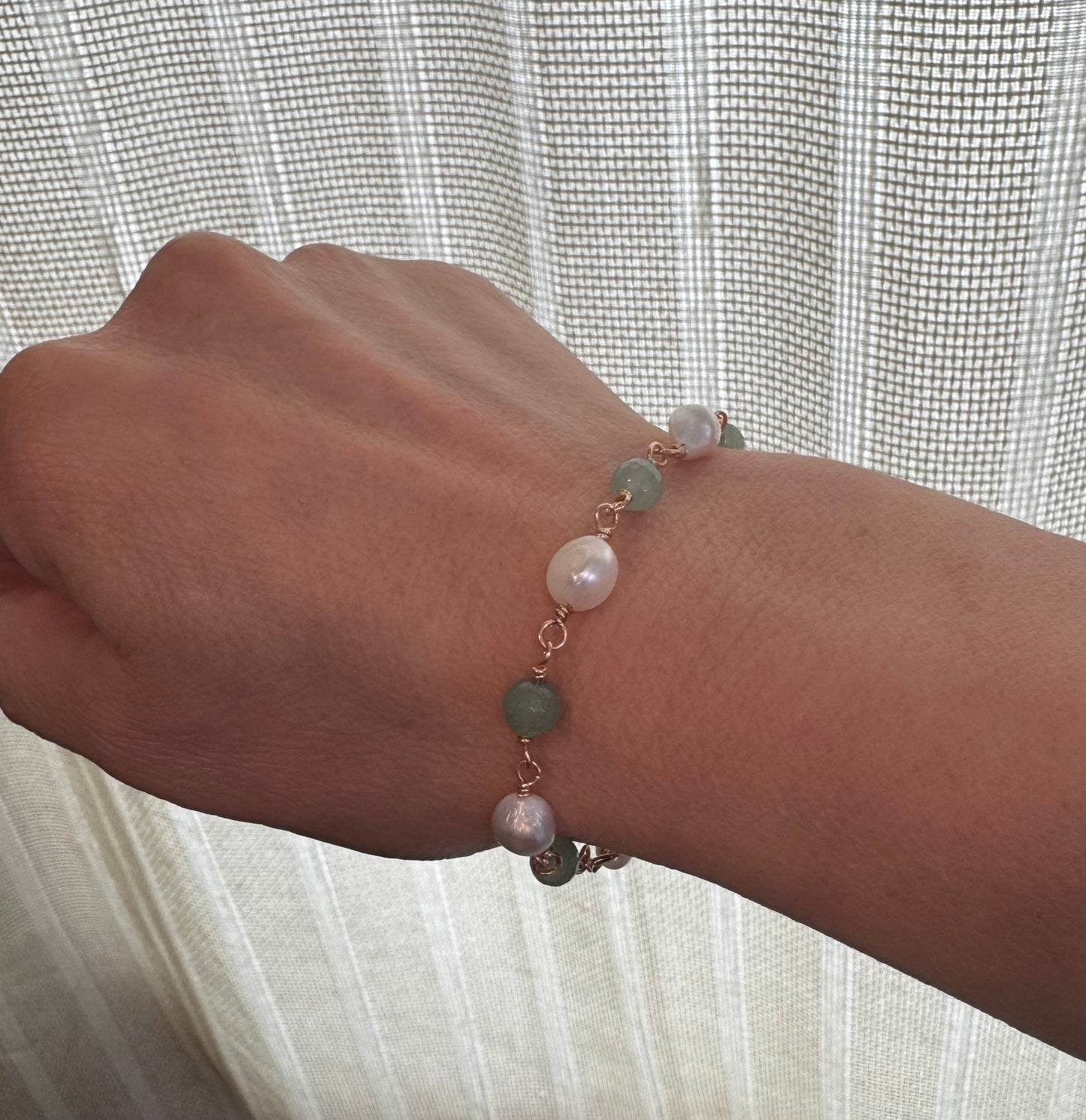 14K Gold Plated Bracelet w/ Water Fresh Pearls and Green Aventurine Gemstone