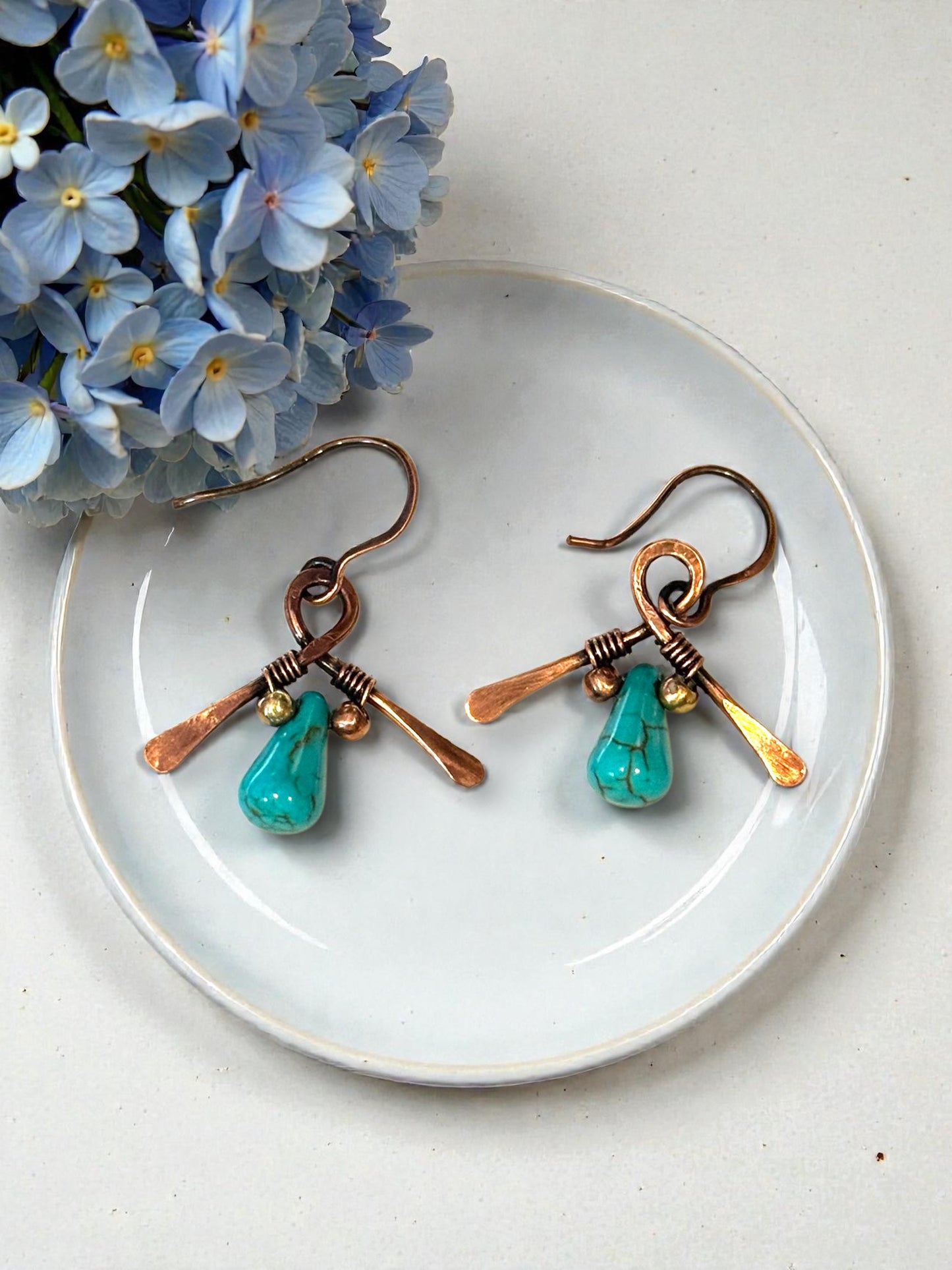 Copper Kimono Earrings w/ Turquoise Teardrop Beads