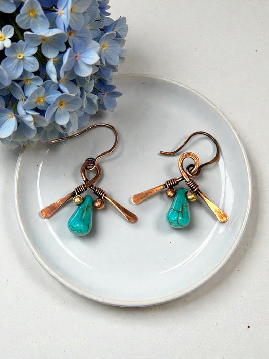 Copper Kimono Earrings w/ Turquoise Teardrop Beads