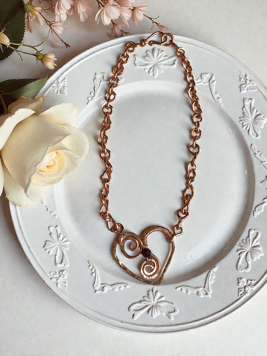 Copper Chain Link Bracelet - Heart w/ Garnet
