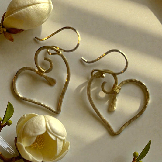 Brass Earrings - Hammered Heart Shape