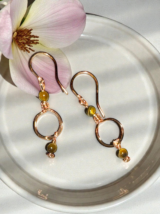 Copper Loop Earrings w/ Tiger's Eye Beads Stone