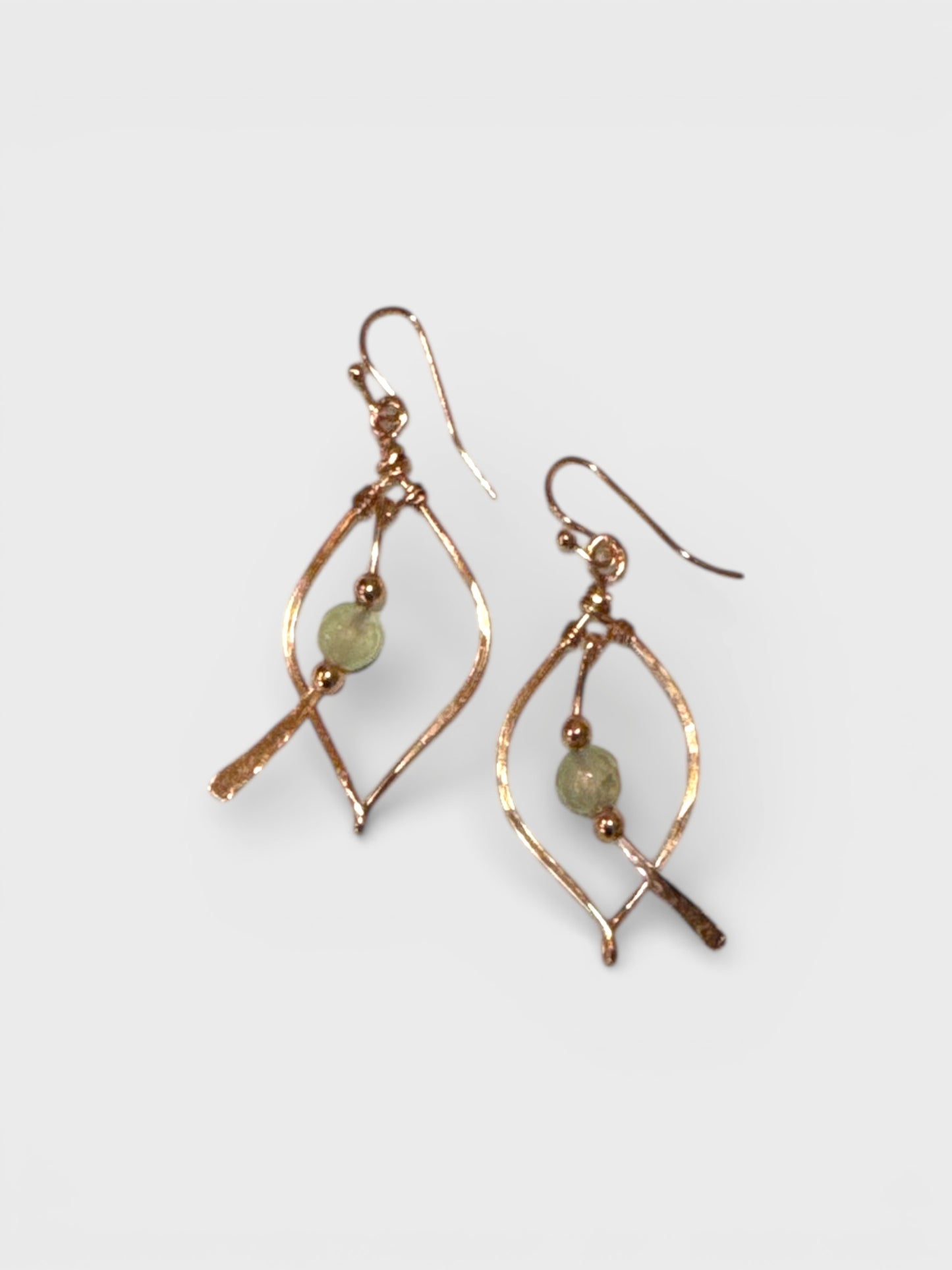 Copper Earrings Leaf Shape W/Green Shade Tourmaline Gemstone