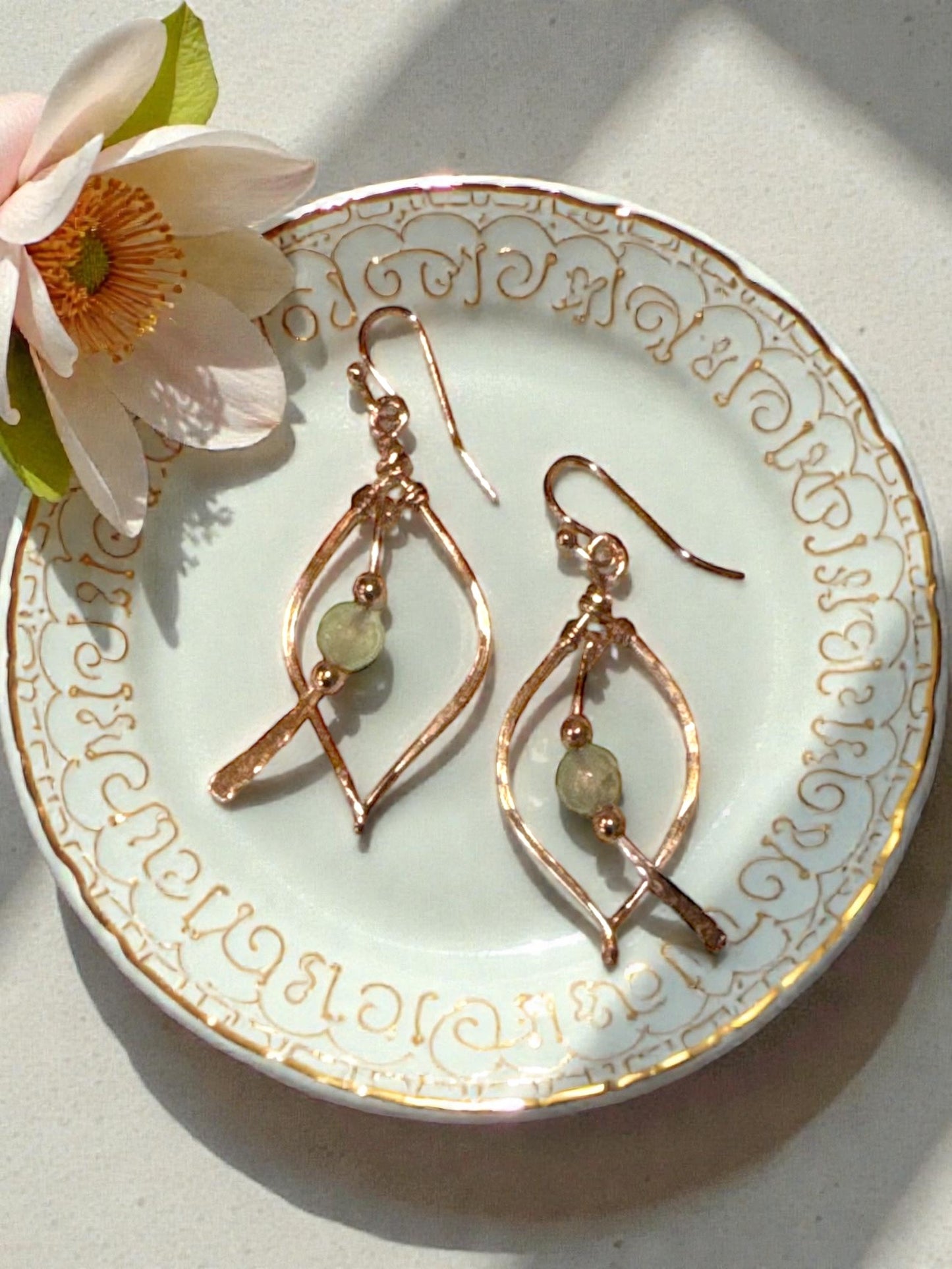 Copper Earrings Leaf Shape W/Green Shade Tourmaline Gemstone