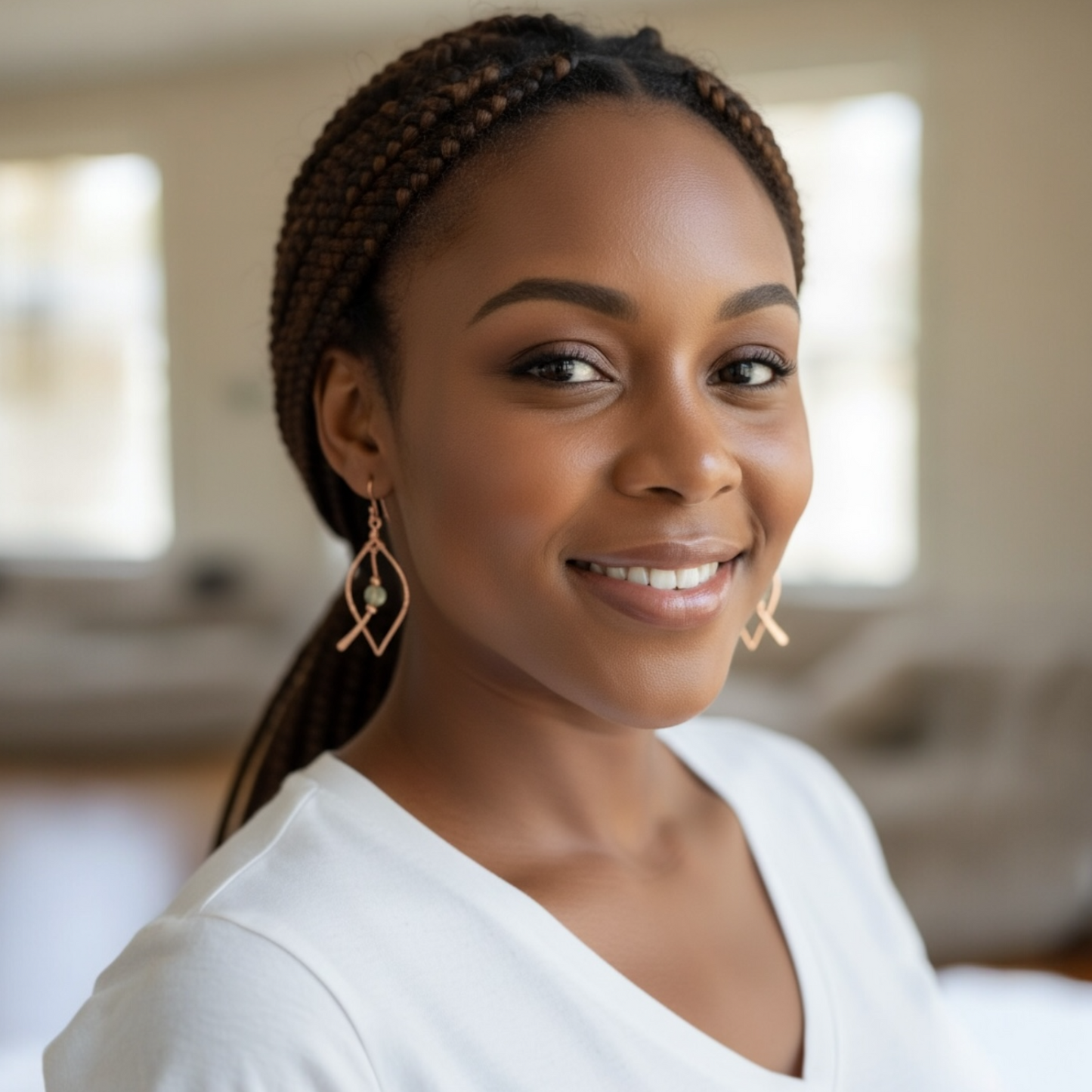 Copper Earrings Leaf Shape W/Green Shade Tourmaline Gemstone