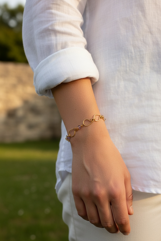 Brass Bracelet - Pear Design w/ champagne Seed Beads