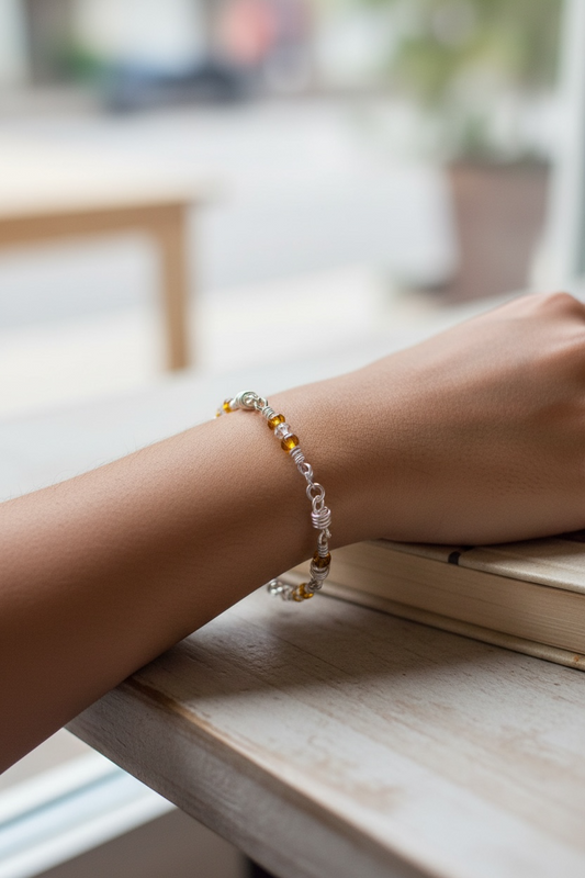 Silver Bracelet - Barrel Link w/ Glass Beads and Crystals