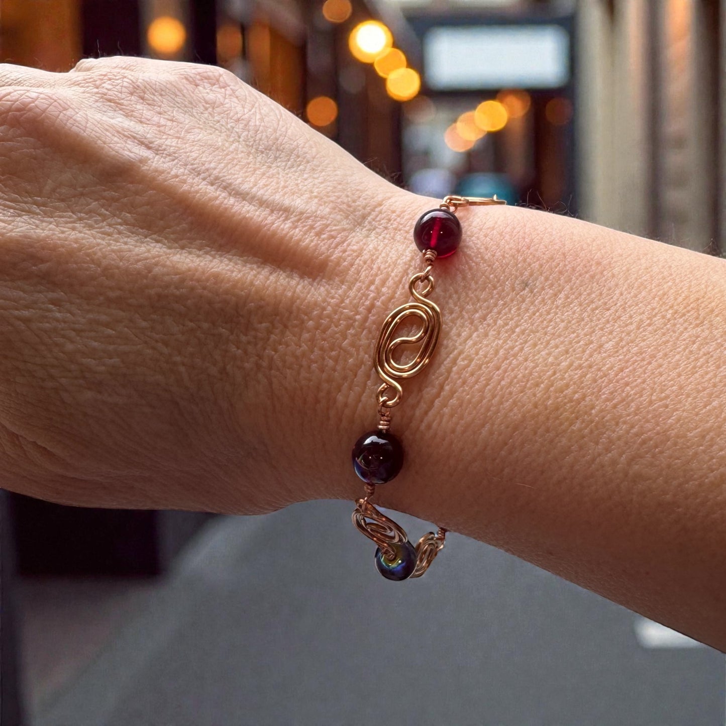 Copper Bracelet - Garnet Beads