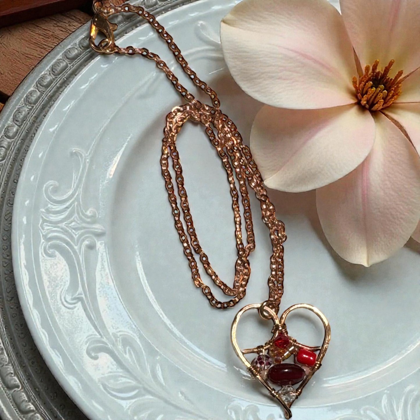 Copper Heart Pendant Necklace w/ Diverse Glass Beads
