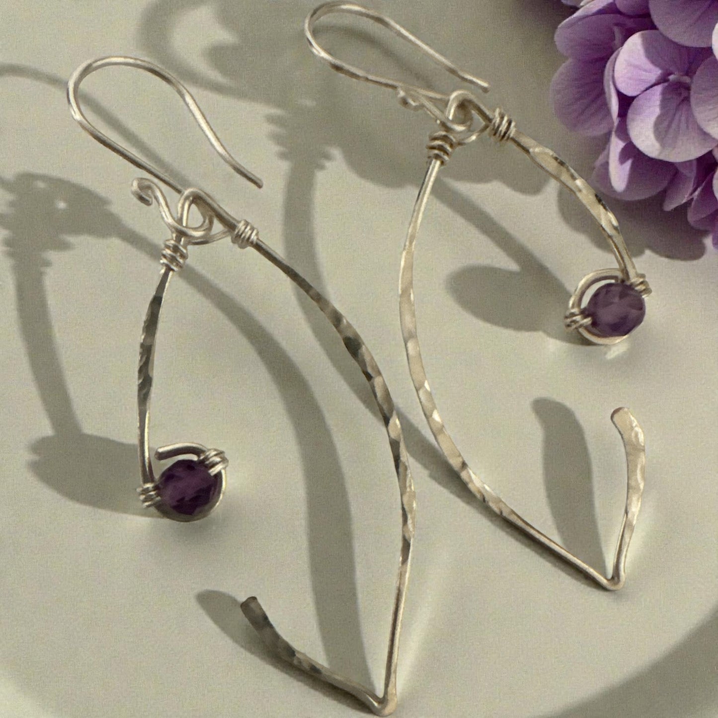 925 Sterling Silver Filled Leaf Earrings  W/ Amethyst Gemstone Beads