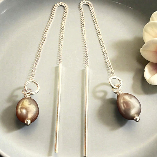 Sterling Silver Threader Earrings w/ Dangling Freshwater Pearl