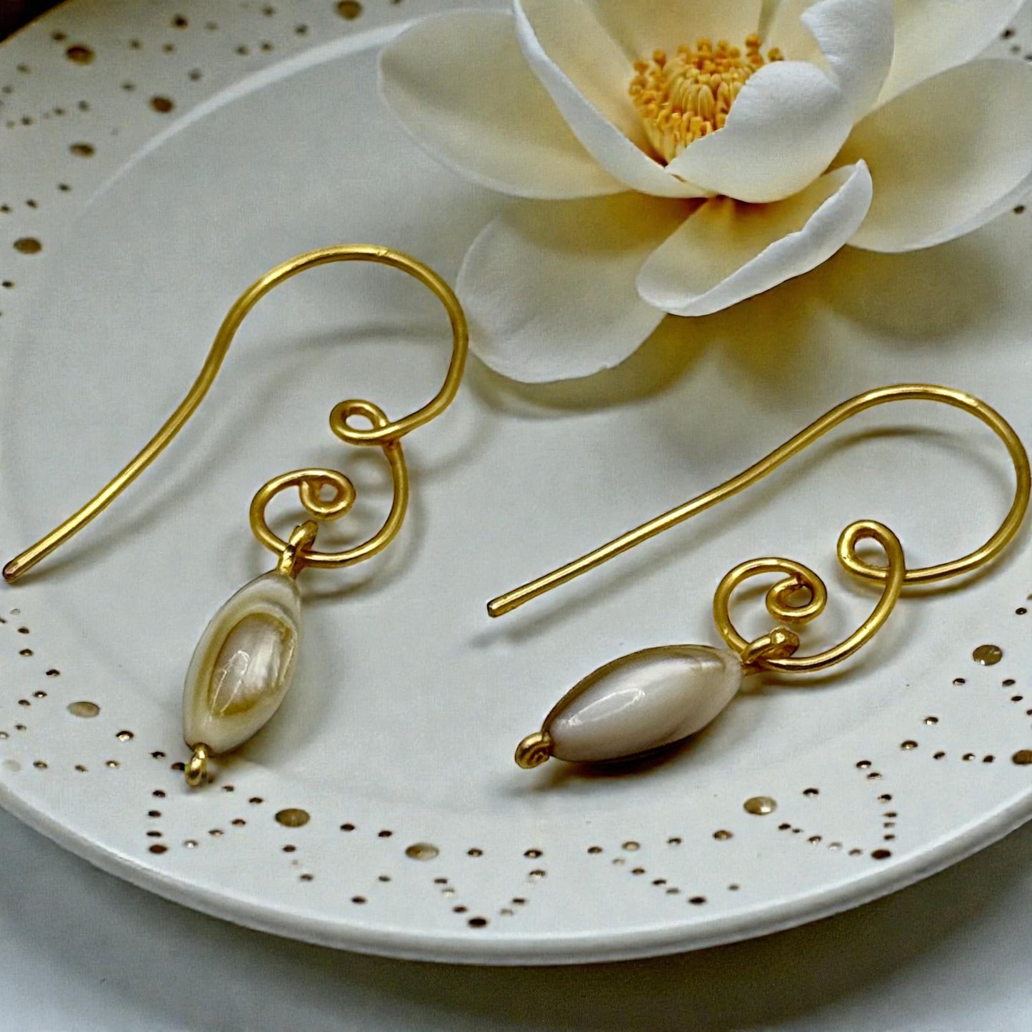 18K Gold Plated Earrings W/ Teardrop Mother of Pearl Shell Bead