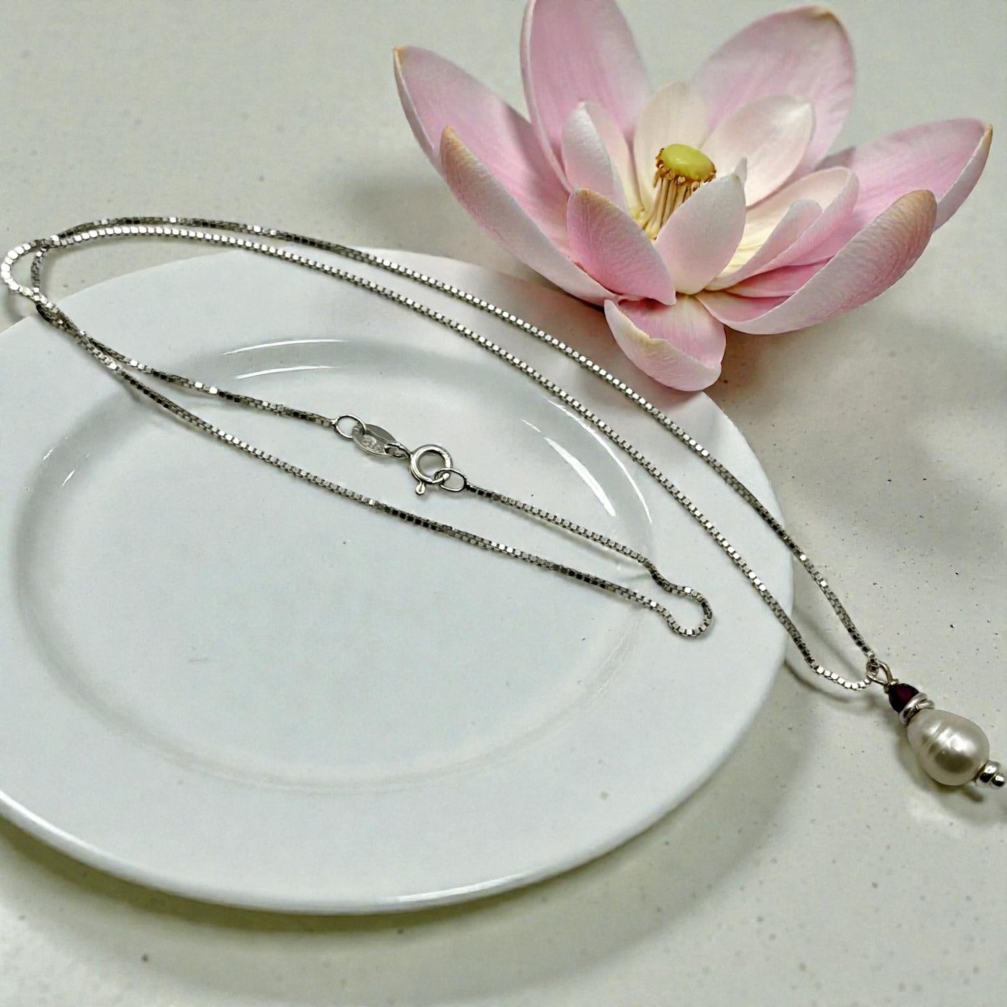 Sterling Silver Chain  W/Teardrop Freshwater Pearl and Garnet Stone