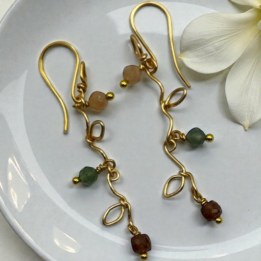 18K Gold Plated Earrings - Vine W/ Multi Gemstones beads