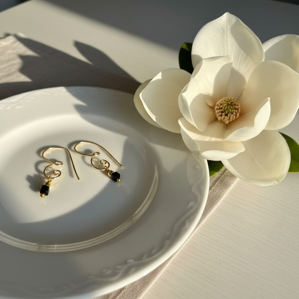 14K Gold Plated Earrings W/ Black Square Crystal Bead