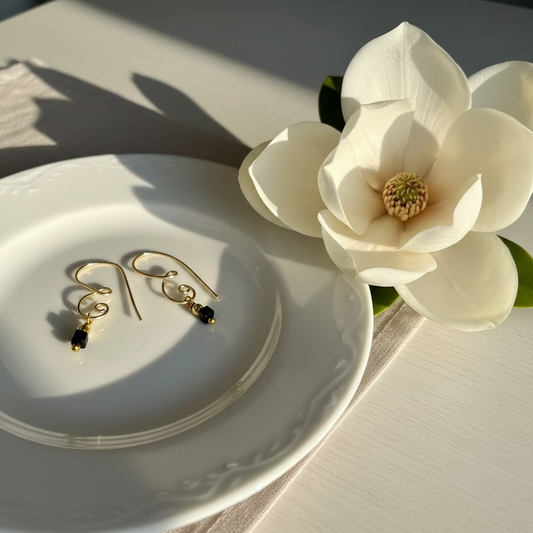 14K Gold Plated Earrings W/ Black Square Crystal Bead