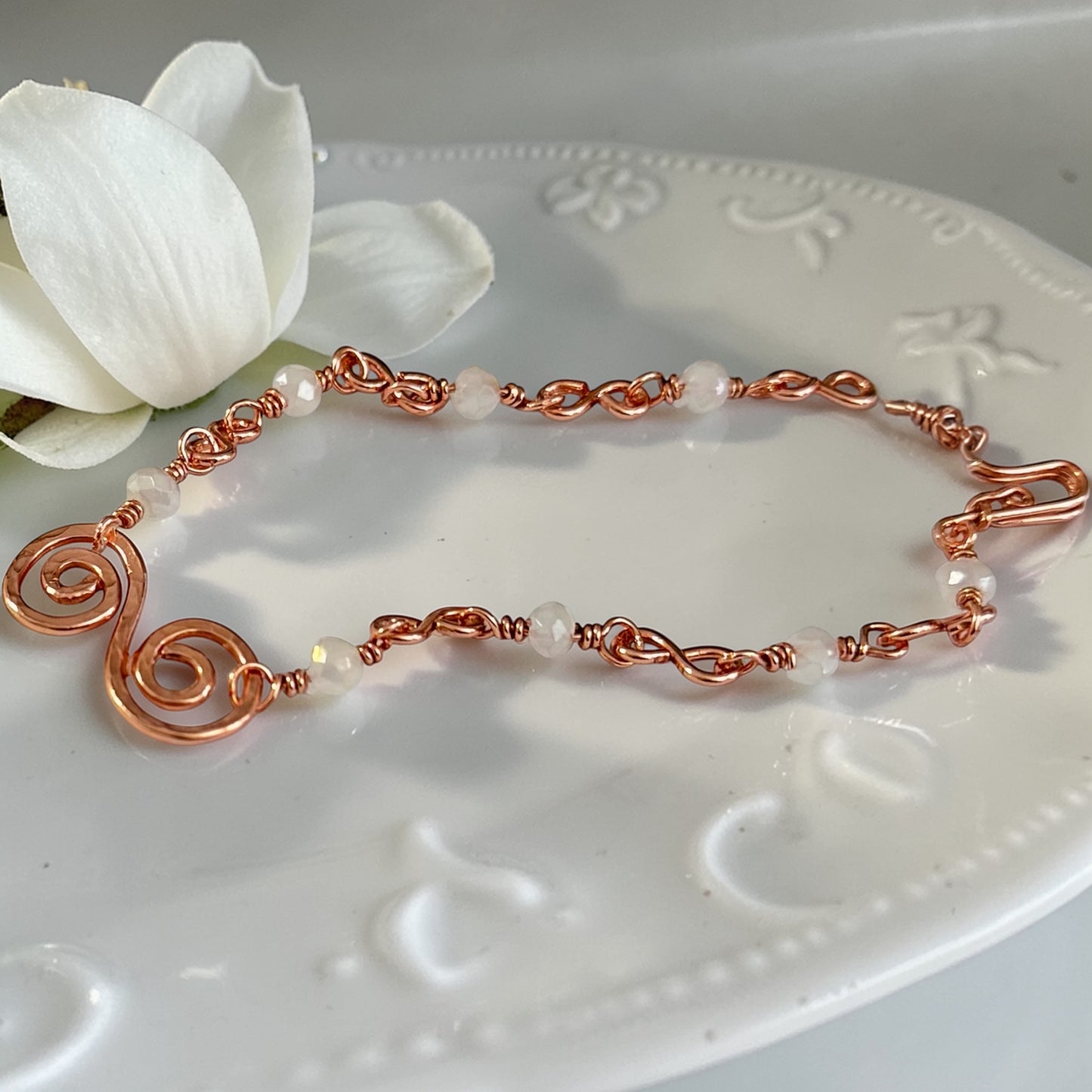 Copper - Hammered Spiral Beaded Bracelet