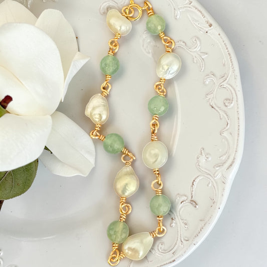 14K Gold Plated Bracelet w/ Water Fresh Pearls and Green Aventurine Gemstone