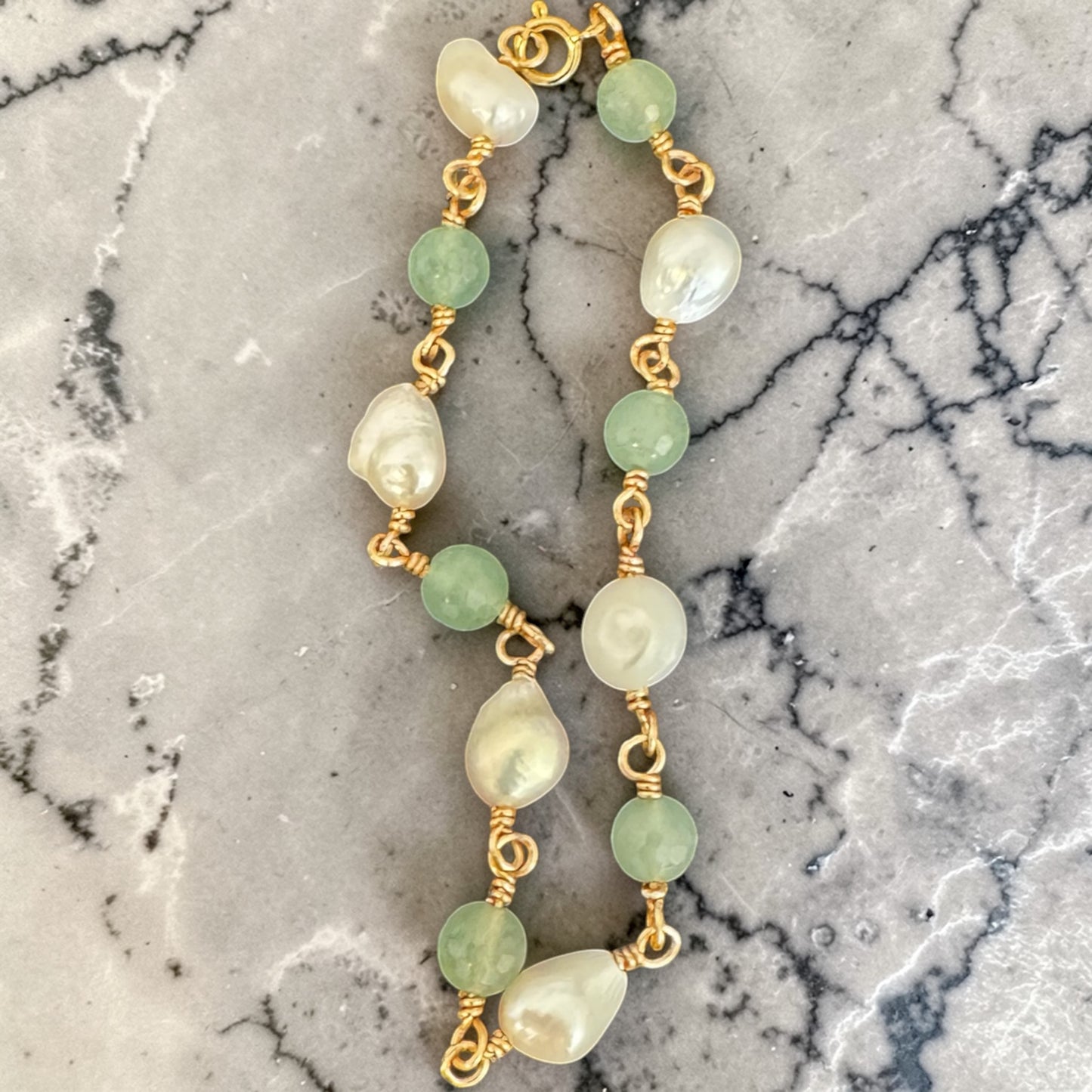 14K Gold Plated Bracelet w/ Water Fresh Pearls and Green Aventurine Gemstone