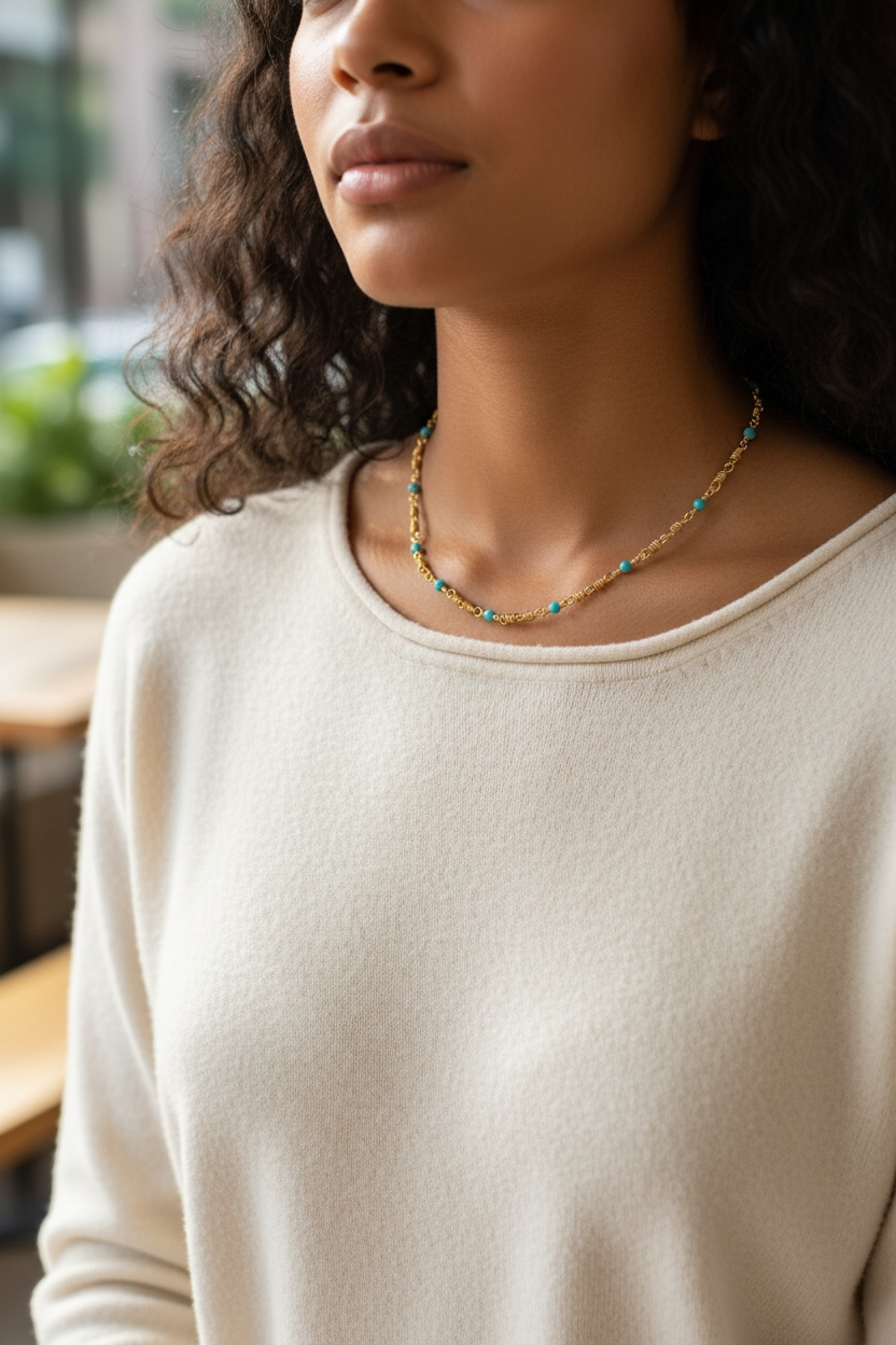 14K Gold Plated Necklace with Turquoise Gemstone Bead