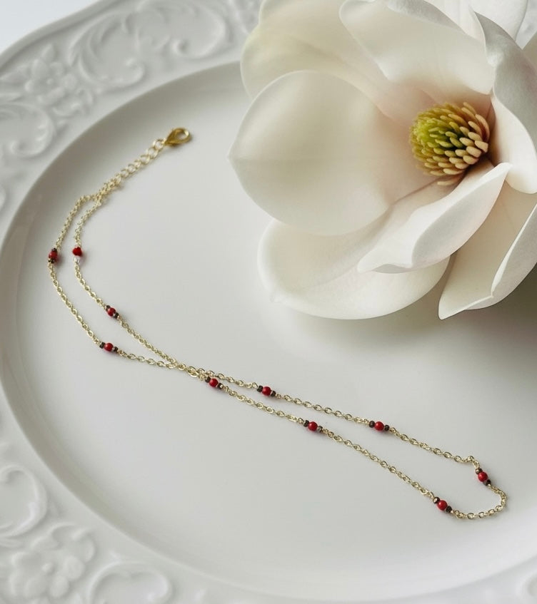 14k Gold Filled Chain beaded with Red Coral Bambu and Crystal