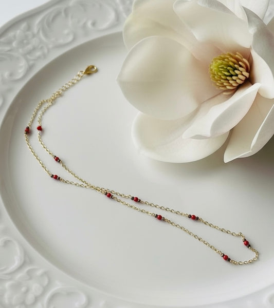 14k Gold Filled Chain beaded with Red Coral Bambu and Crystal